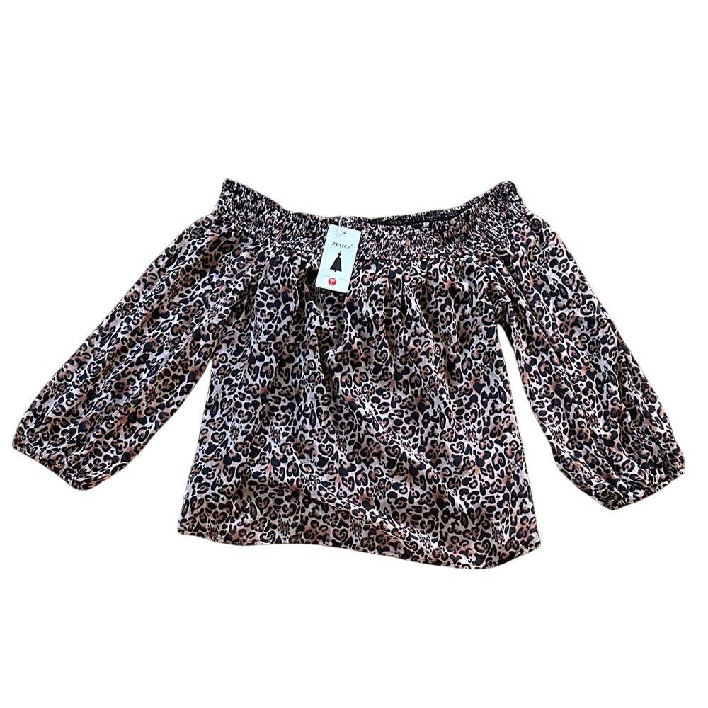 Zesica Womens Leopard‎ Print Off the Shoulder Smocked Blouse Brown Black Size L